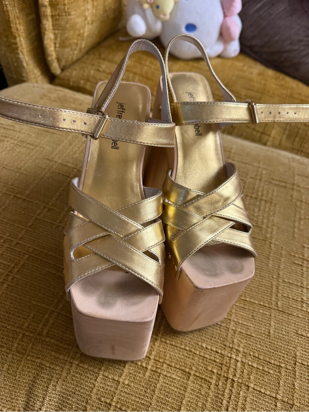 Jeffrey Campbell Gold Strappy Platform Heels - Women's High Block Sandals - Picture 6 of 6